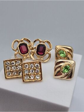 3 Pair Vintage Style Stud Earrings Filigree Garnet Crystal Pavé Green Stone New